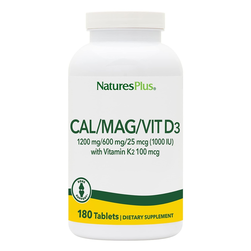 NaturesPlus Calcium/Magnesium/Vitamin D3 with Vitamin K2 - Supports Bone & Immune Health - Vegetarian, Gluten Free - 180 Tablets - 45 Servings