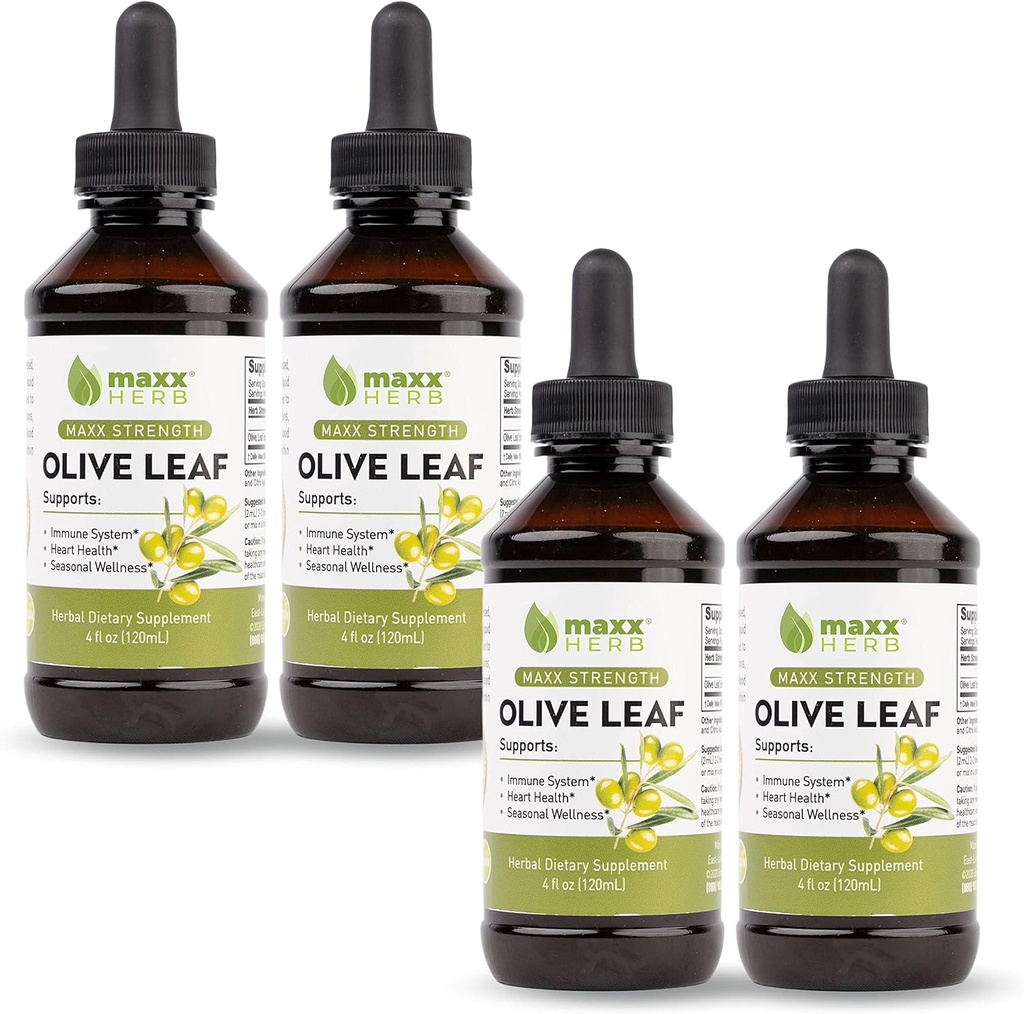 Maxx Herb Olive Leaf Extract – Max Strength Oleuropein Liquid Absorbs Better Than Capsules or Tea, for Immune Support, Heart Health, and Seasonal Wellness - 4 Bottles, 4 Oz Each (240 Servings)