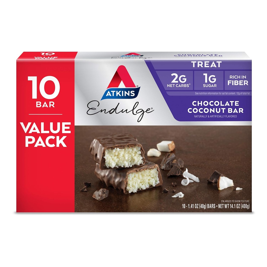 Atkins Endulge Chocolate Coconut Bar, Dessert Favorite, Hoog in vezels, 1g Suiker, 10 Tellen