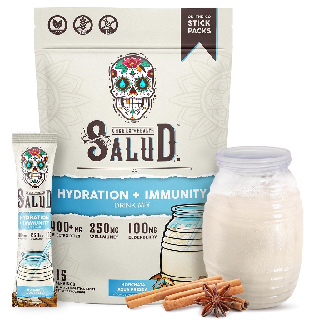 Salud 2-in-1 Hydration Packets + Immunity Electrolytes Powder, Horchata - Agua Fresca Drink Mix, Elderberry, Dairy & Soy Free, Non-GMO, Gluten Free, Vegan, Low Calorie, 1g Sugar (15 Servings)