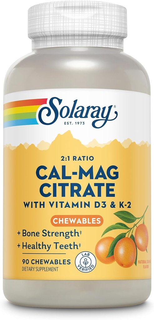 Solaray Cal-Mag Citrate Plus D-3 & K-2 Oranje Kauwtabletten 90 Tellen
