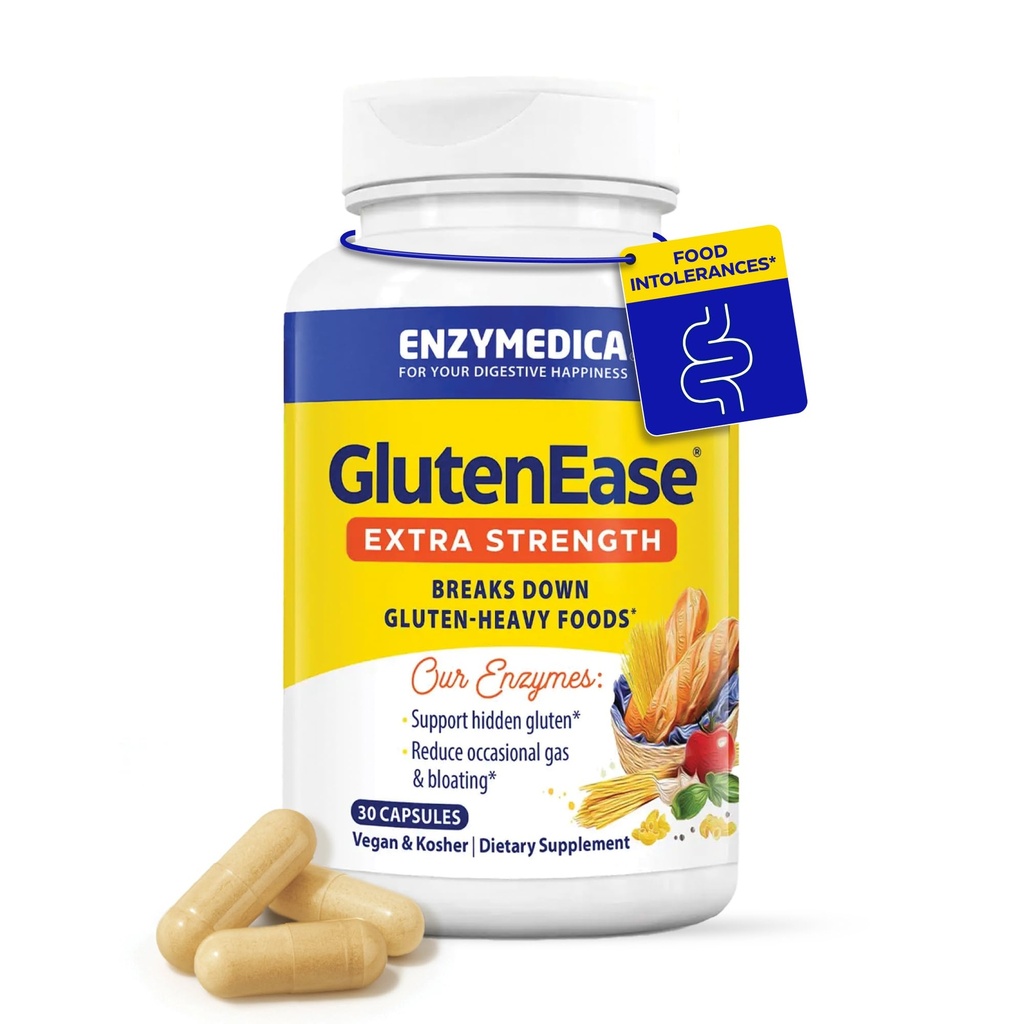 Enzymedica GlutenEase extra sterkte, geavanceerde Glutenverteringsenzymen voor vrouwen en mannen, snelwerkende formule voor opgeblazen verlichting & spijsvertering gezondheid, 30 capsules