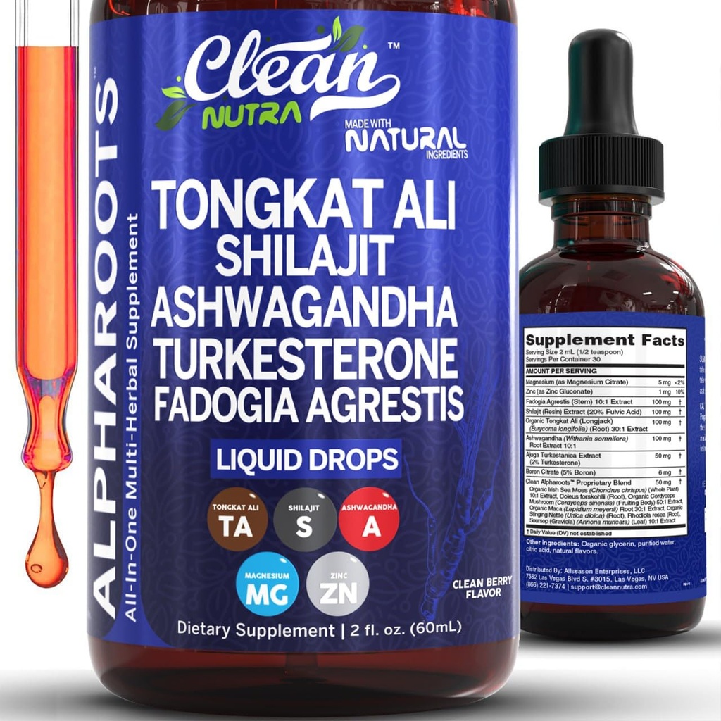 Tongkat Ali Liquid Drops Shilajit, Ashwagandha, Turkesterone, Fadogia Agrestis, Magnesium, Irish Sea Moss, en Zink Herbal Supplement door Clean Nutra