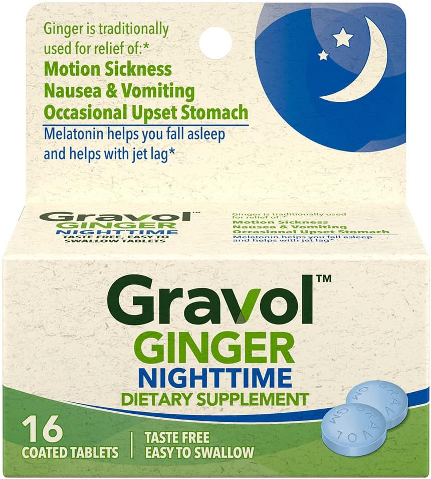 Gravol Ginger Nighttime Tabletten voor Maag- en Misselijkheid, 16ct met Melatonine