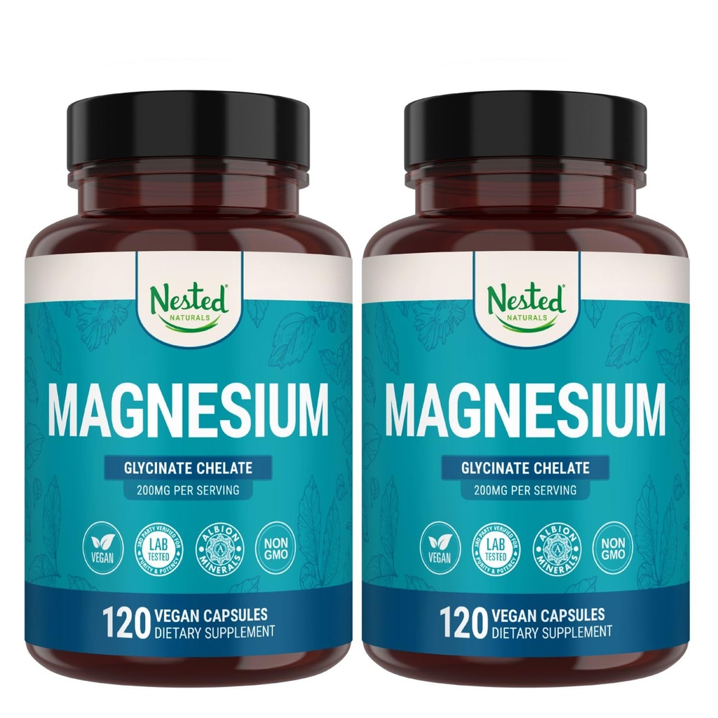 Nested Naturals Magnesium Glycinate Chelate - 200mg chelated Magnesium Supplement voor spierkrampen, ontspannen, en slaap ondersteuning - 100% Albion TRACCS gebufferd Magnesium Glycinate - 240 Vegan Capsules