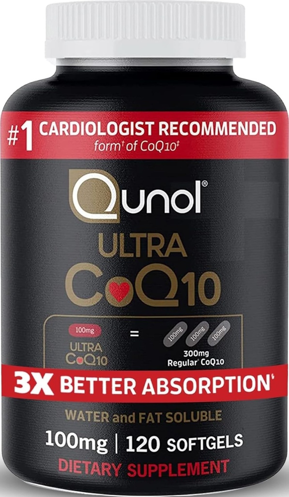 Qunol Ultra CoQ10 100mg, 3x Betere Absorptie, Gepatenteerd Water en vet Oplosbare Natuurlijke Supplement Vorm van Co-enzym Q10, Antioxidant voor Hartgezondheid, 120 Graaf Softgels