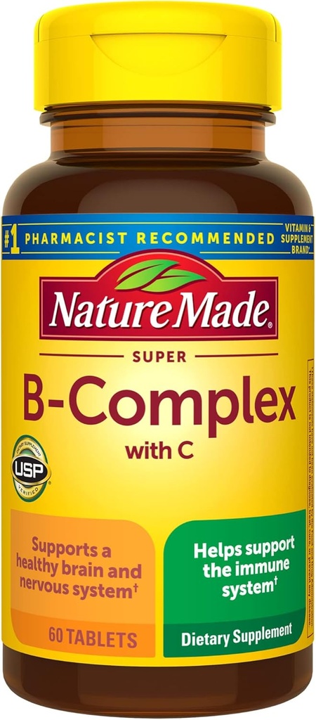 Natuur gemaakt Super B Complex met vitamine C en foliumzuur, Dieetsupplement voor Cellular Energy Support, 60 tabletten, 60 dagen levering