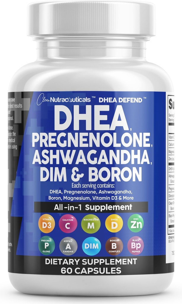 DHEA 200mg Supplement Pregnenolone 100mg voor mannen & vrouwen met DIM Ashwagandha Boron 6mg Complex Calcium Magnesium Zink 50mg Vitamine D3 5000 IE Hormone Ondersteuning Capsules Pillen Made in USA 60 Tellen