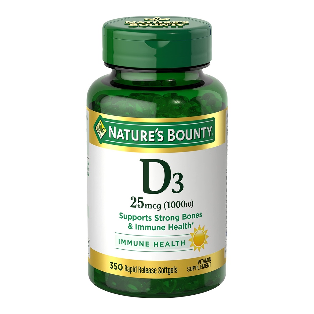 Nature's Bounty Vitamine D3 1000 IE Softgels, Immune Support, bevordert gezonde botten, 1 Softgel per dag, Glutenvrij, 350 Tellen
