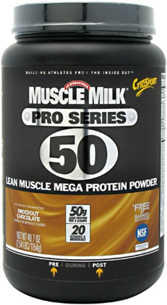 Muscle Milk Pro Series Proteine Poeder Supplement, Knockout Chocolate, 2,54 Pond, 14 Servers, 50g Proteïne, 3g Suiker, 20 Vitaminen & Mineralen, NSF gecertificeerd voor Sport, Verpakking mei Vary