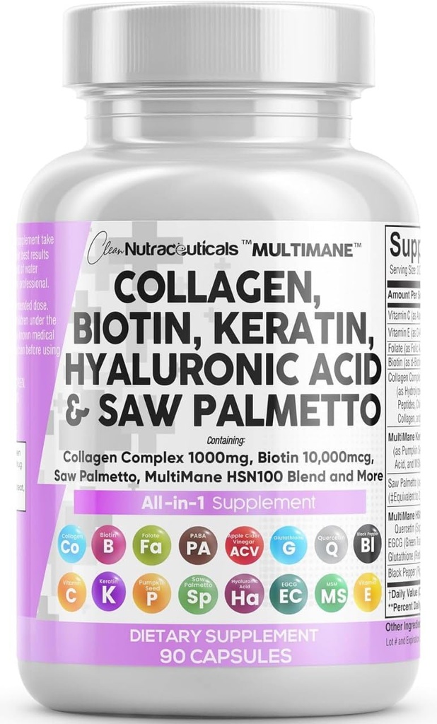Clean Nutraceuticals Collagen Pills 1000mg Biotin 10000mcg Keratin Saw Palmetto Hyaluronic Acid - Hair Skin & Nails Vitamins & DHT Blocker with Vitamin E Folic Acid Pumpkin Seed MSM - 90 Count