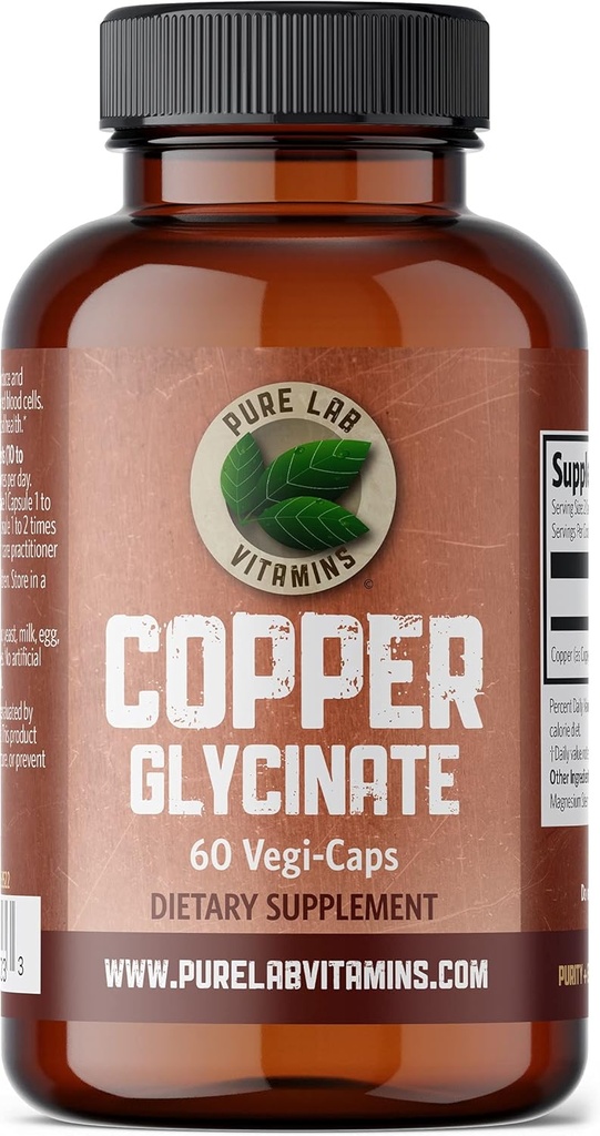 Pure Lab Vitaminen Koper Glycinate Mineral Supplement -1 mg - 60 Vegan Caps Essential for Collageen Production, Supports Immune System & Red Blood Cell Formation - Glutenvrij gemaakt in Canada