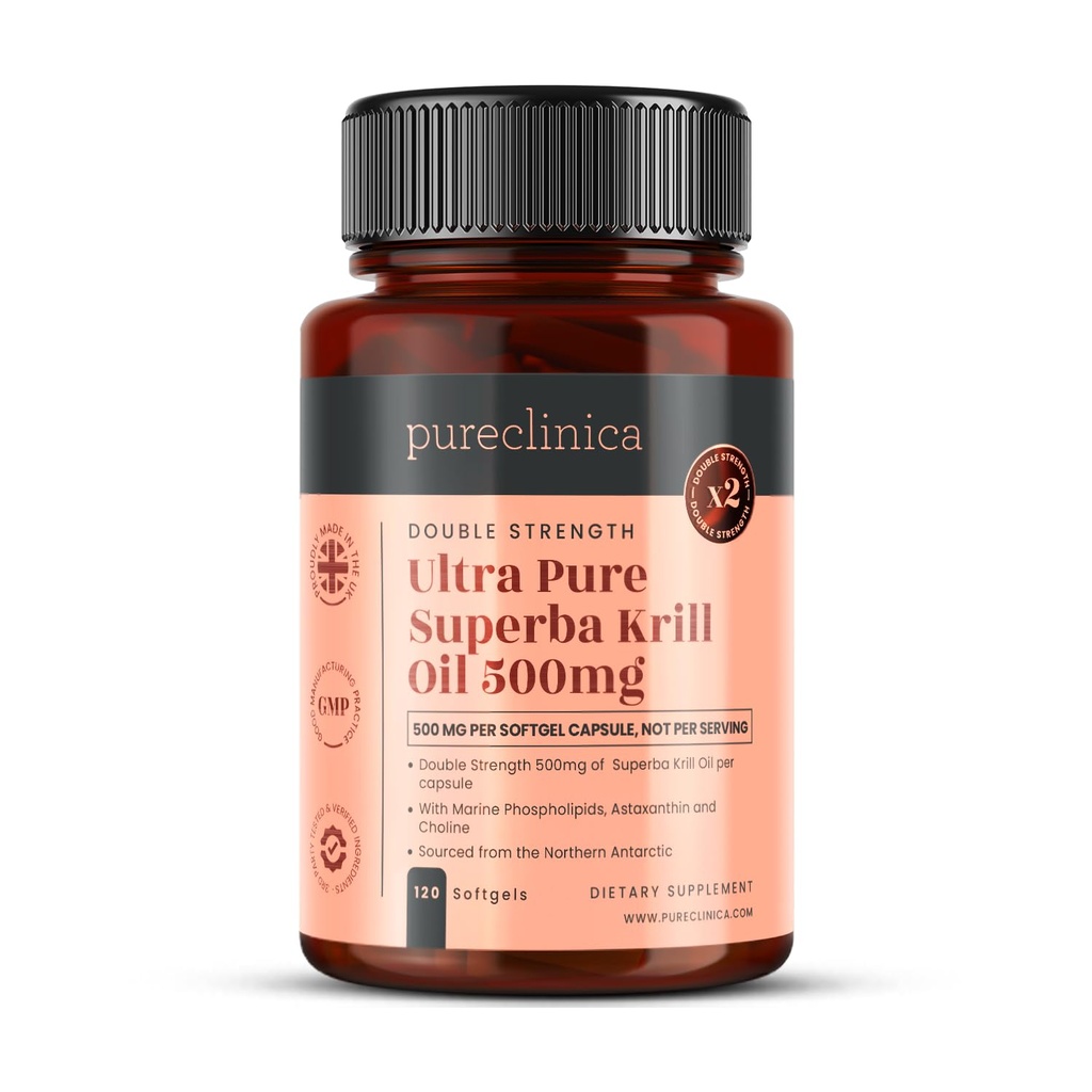 Ultra Pure Superba Krill Oil 500mg x 120 Capsules - Gebronsd in de onvervuilde wateren van Antarctica Het verstrekken van een rijke aanvoer van astaxanthine, Omega 3 en vitamine D
