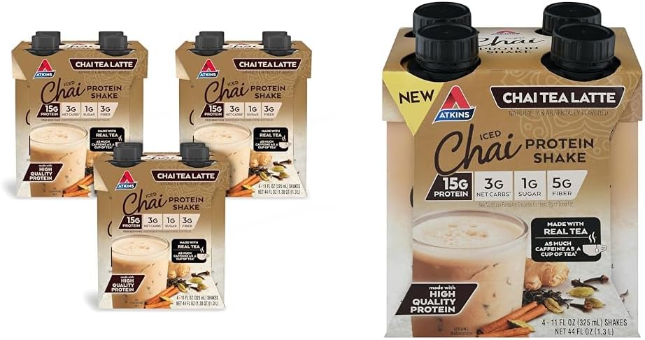 Atkins Chai Tea Latte Protein Shake Bundle met 15g proteïne, 3g Net Carb, 1g Sugar (4 Pack) Iced Chai Tea Latte Proteine Shake
