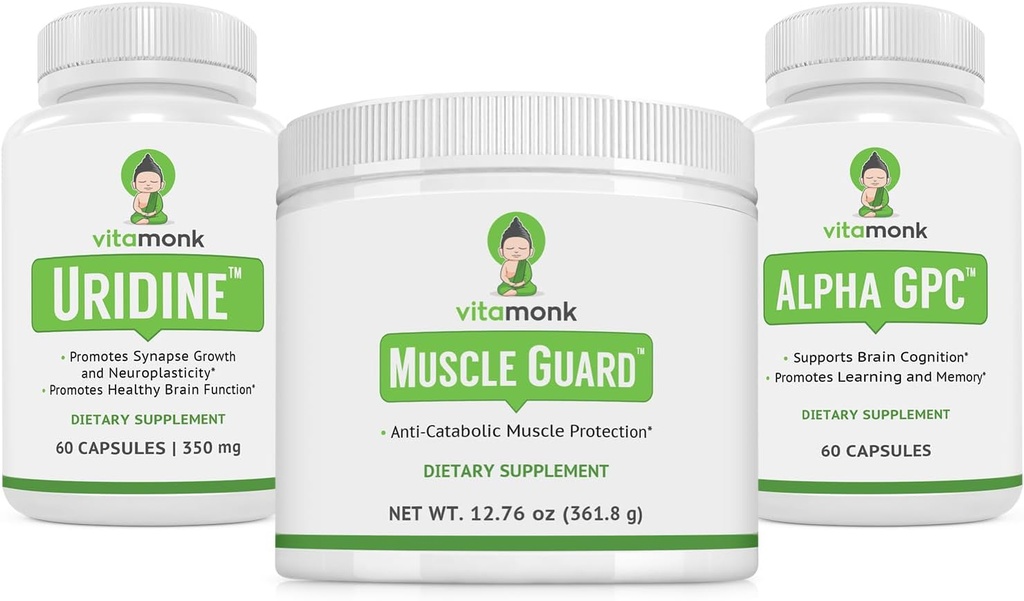 VitaMonk Muscle Guard & Alpha GPC Uridine Stack Bundle, HMB, EAA's, Vitamine D, Magnesium & Hersen Ondersteuning voor Focus, Duidelijkheid en Spiergroei