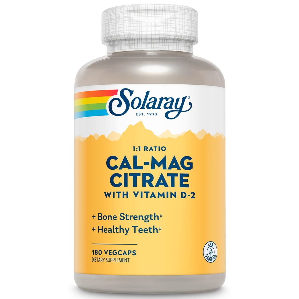 SOLARAY Calcium Magnesium Citrate 1:1 Ratio w/Vitamine D 2 - Calciumsupplementen voor vrouwen en mannen - Calcium 1000mg, Magnesium 1000mg - Bone Health Support - 60 dagen garantie, 30 porties, 180 VegCaps