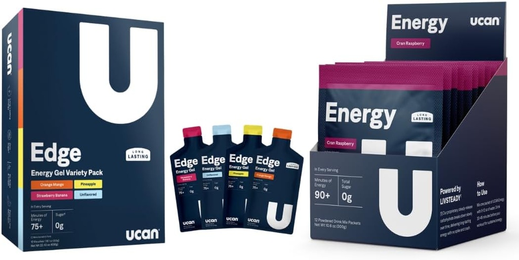 UCAN Training Starter Pack, Edge Energy Gel Variety Pack, Energy Powder Cran-Raz, Pre & Post Workout voor mannen en vrouwen Vegan en Keto Friendly