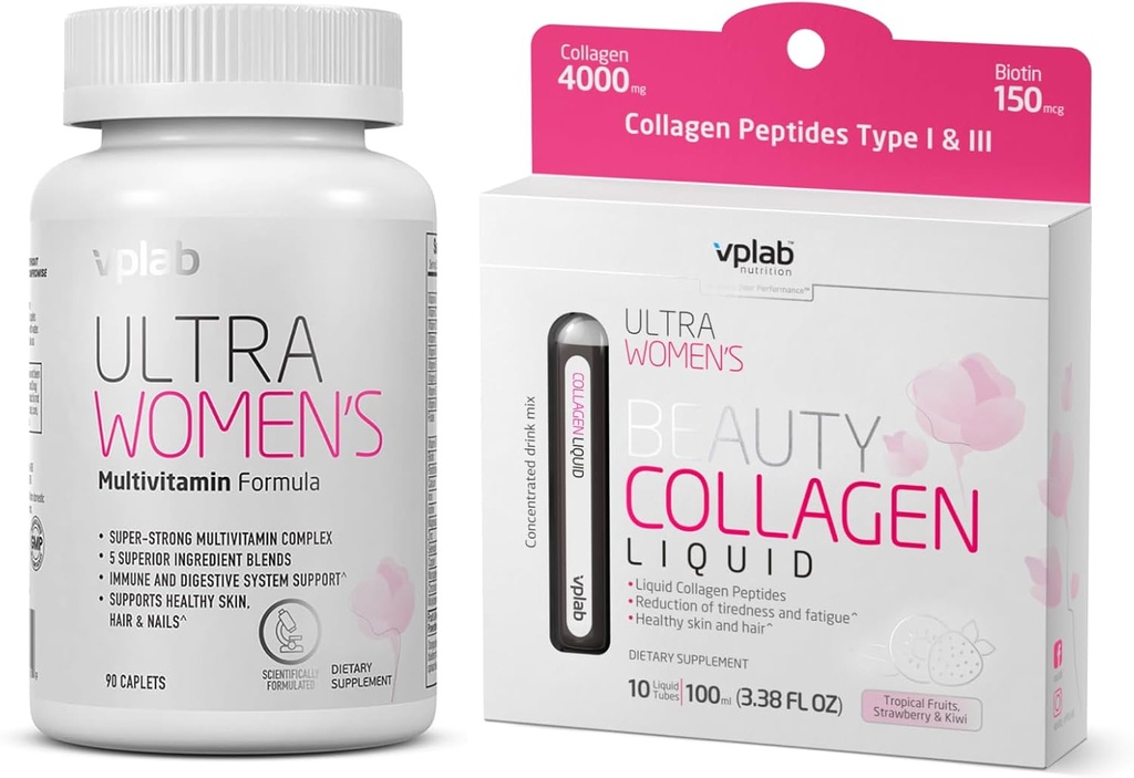 VPLab Vrouwen Beauty Bundle - Multivitamine Caplets & Liquid Collages voor haar, huid, nagels - Biotine, ijzer, vitamine B, D, C & Zink - essentiële dagelijkse gezondheidsondersteuning, 90 caplets + 10 tubes