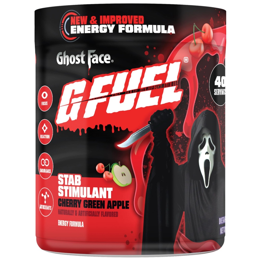 G Fuel Ghost Gezicht Energie Drinkpoeder, Pre-workout Cafeïne Mix voor Gaming, Suikervrije Focus Amino, Vitamine + Antioxidanten, 9.9oz (Cherry Green Apple, 40 Servings)