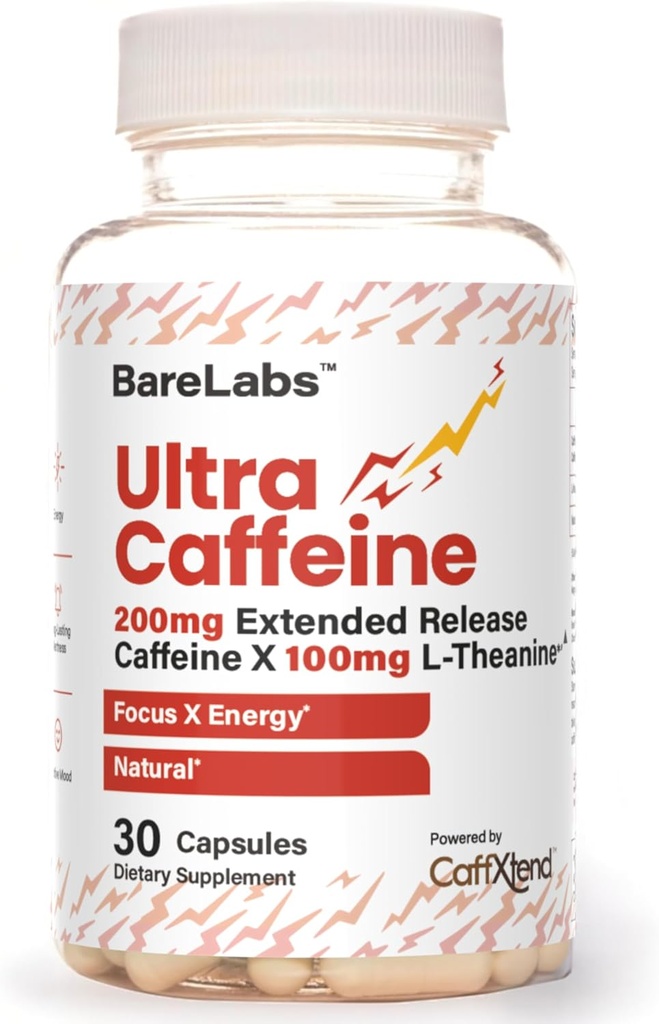 Ultra Cafeïne Pillen + 200mg Uitgebreide Release + L-Theanine voor Energie & Focus + Geen Jitters, Geen Crash + Natuurlijke Cafeïne Supplement - 30 Capsules