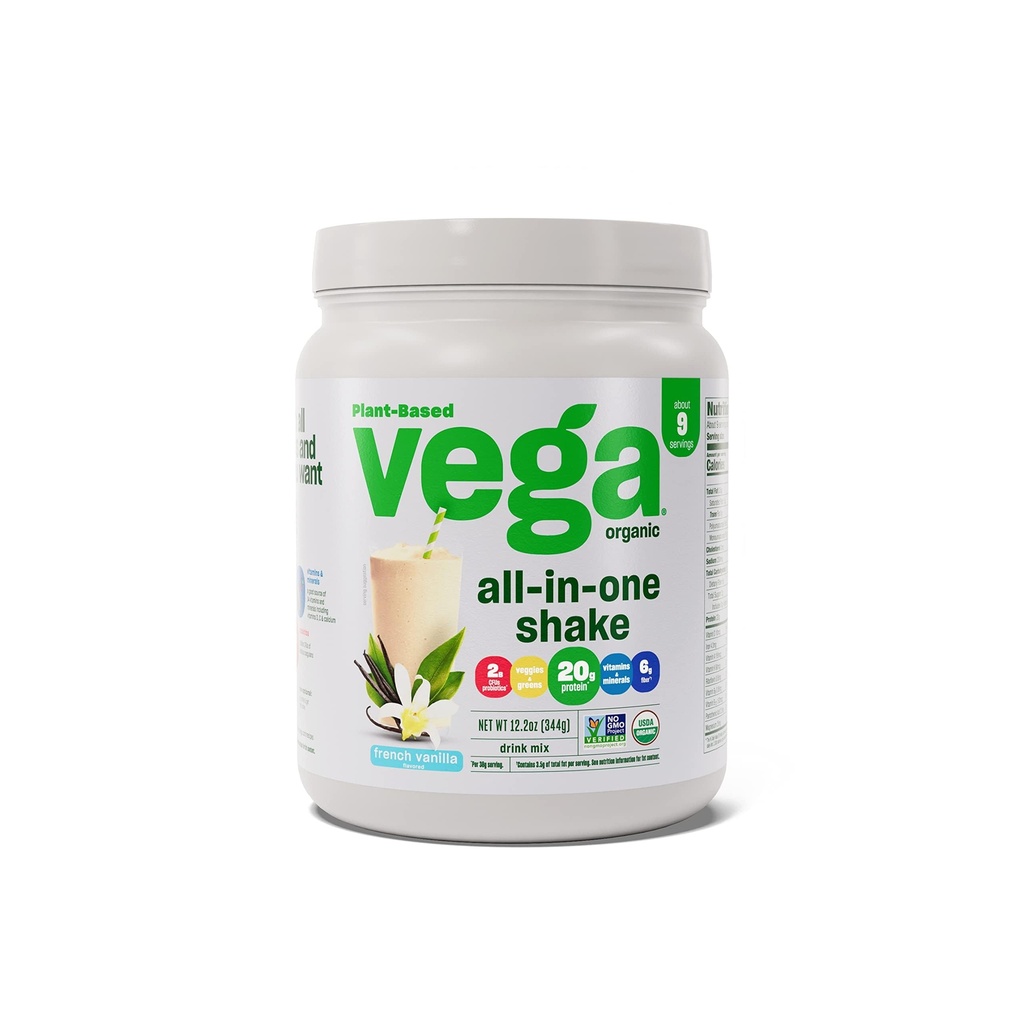Vega Organic All-in-One Vegan Protein Powder, French Vanilla - Superfood Ingredients, Vitamines for Immunity Support, Keto Friendly, Pea Protein for Women & Men, 12,2 oz (Verpakking mei Vary)