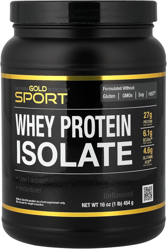 California Gold Nutrition Sport, Whey Protein Isolaat, Unflavored, 1 lb (454 g)