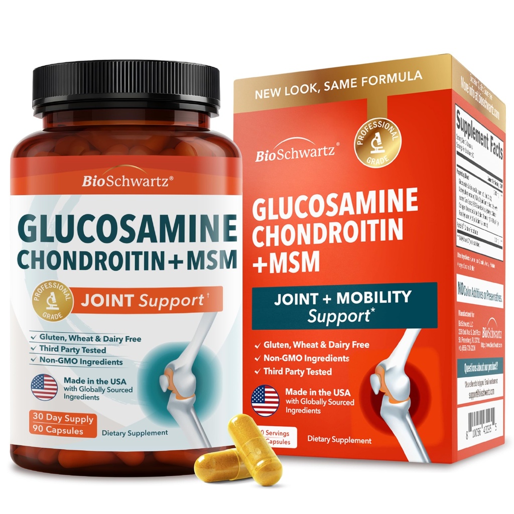 Glucosamine Chondroitin MSM Joint Support Supplement - Collageen Peptides, Kurkuma en Gember, Hyaluronzuur, Glucosamine Chondroitin Sulfaat voor Joint Comfort - Glutenvrij, Niet GGO, 90 Capsules