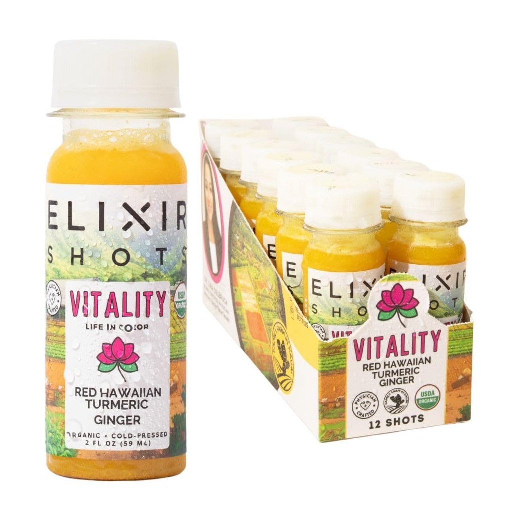 Elixir Shots, Vitality Immunity Wellness Shot with 100% Organic Ingredients, Cold-Pressed Red Hawaiian Turmeric, Peruvian Ginger, Pineapple and Black Pepper, No Sugar or Artificial Additives, 12 Pack