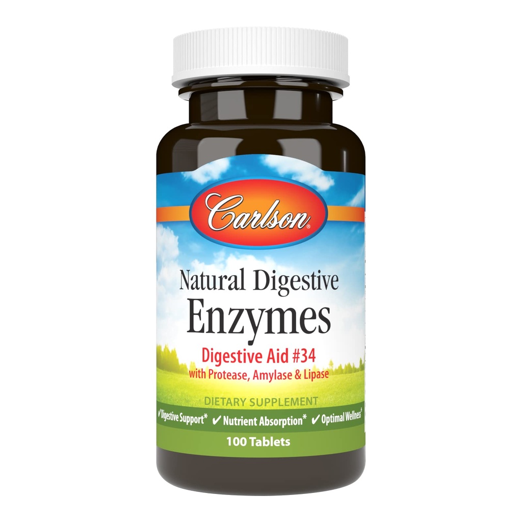 Carlson - Natuurlijke spijsverteringsenzymen, Digestieve Hulp #34 met Protease, Amylase & Lipase, Digestieve Ondersteuning, Nutriënt Absorptie & Optimale Wellness, 100 tabletten