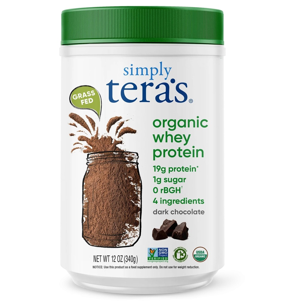 Gewoon tera's biologische Wei Proteïne Poeder - Gras Fed Wei Proteïne Poeder zonder kunstmatige Zoetstoffen, Schoon, Non-GMO, Glutenvrije - Donkere Chocolade, 12 Oz