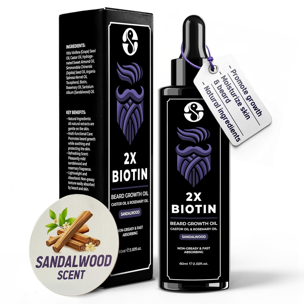 Biotineconcentratie Baard Thickener & Softener - 2oz met Castor Oil, Rosemary Oil en vitamines - Sandalwood geur voor mannen