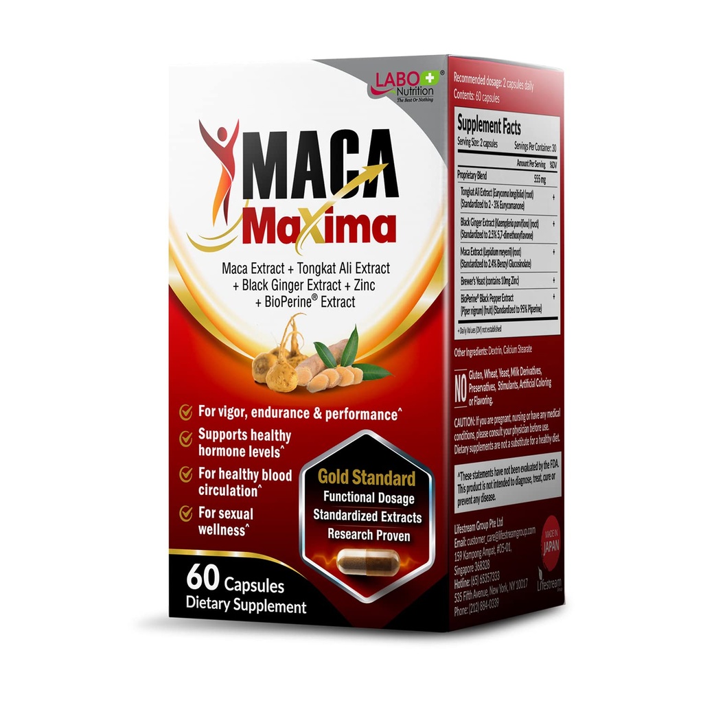 LABO Nutrition MacaMaxima Peruvian Maca Root, Tongkat Ali, Black Gember, Zink en Black Pepper Extract Supplement voor mannen en vrouwen, Ondersteunt Reproductieve Gezondheid, Energie, Uithoudingsvermogen- Non-GMO, Vegan Pillen