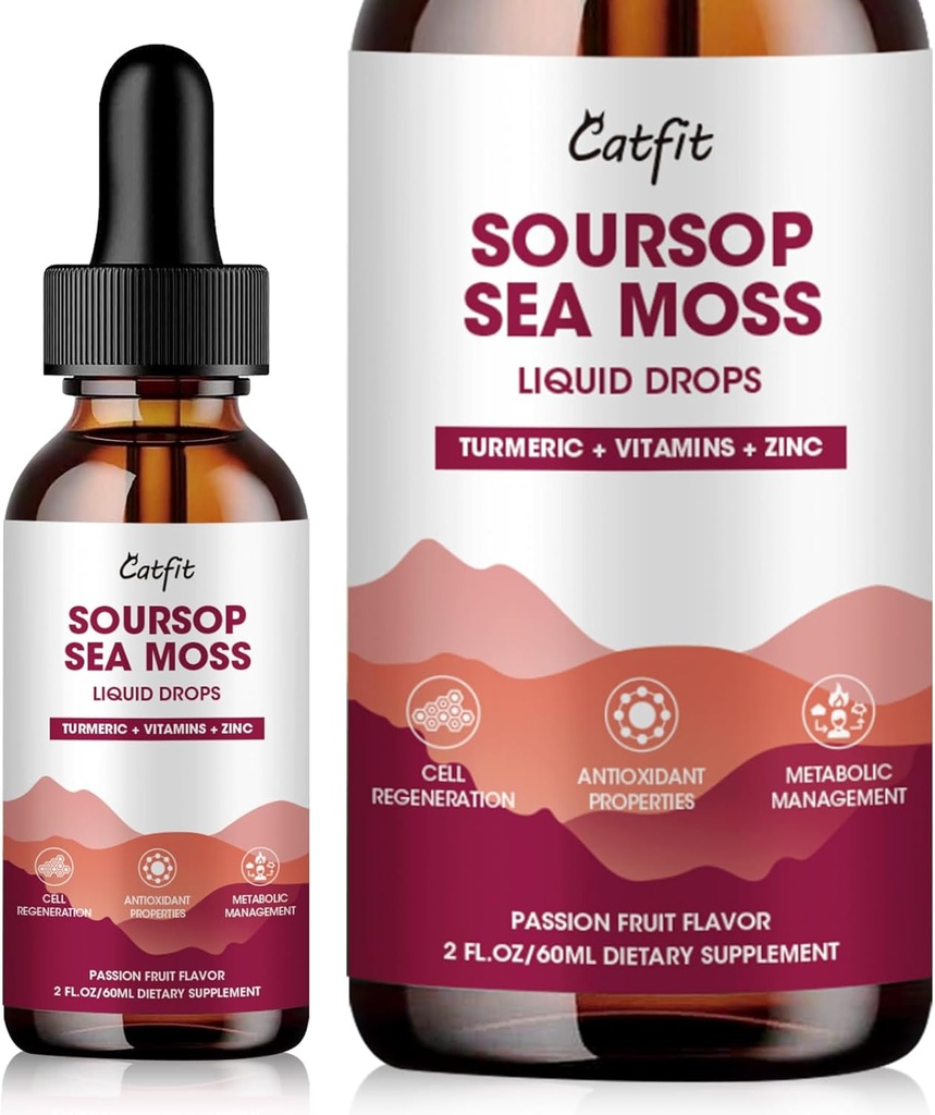 Soursop Graviola Liquid Drop – Soursop Bitters Liquid Drops with Sea Moss, Turmeric & Vitamins B6 C Zinc for Cell Support, Antioxidant, Relaxation & Immune Boost, Passion Fruit Flavor,2 Fl Oz