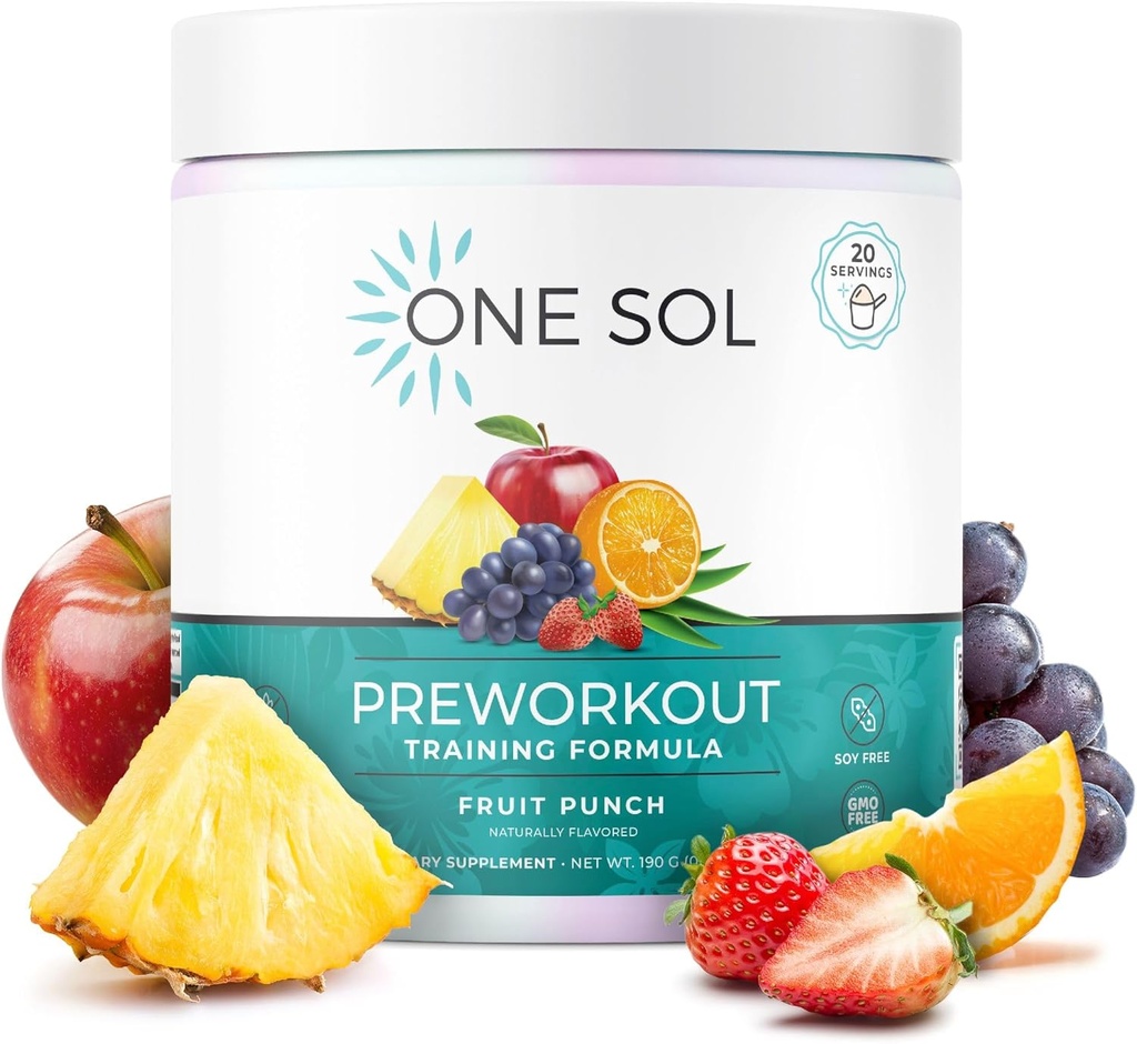 Eén Sol Pre-workout voor vrouwen, verbeterde Pump & Focus, Geen Jitters of Crash, Natuurlijke Ingrediënten, 100% Veganistisch, Glutenvrij en Sojavrij, (Fruit Punch)