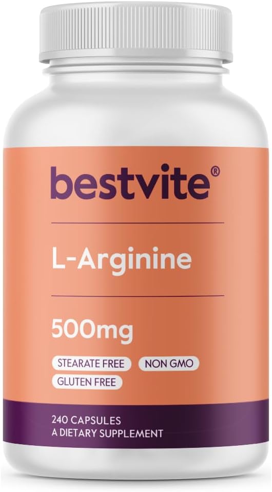 BESTVITE L-Arginine 500mg (240 Capsules) - Nee Magnesiumstearaat - Geen siliciumdioxide - Geen fillers - Niet GGO - Glutenvrij
