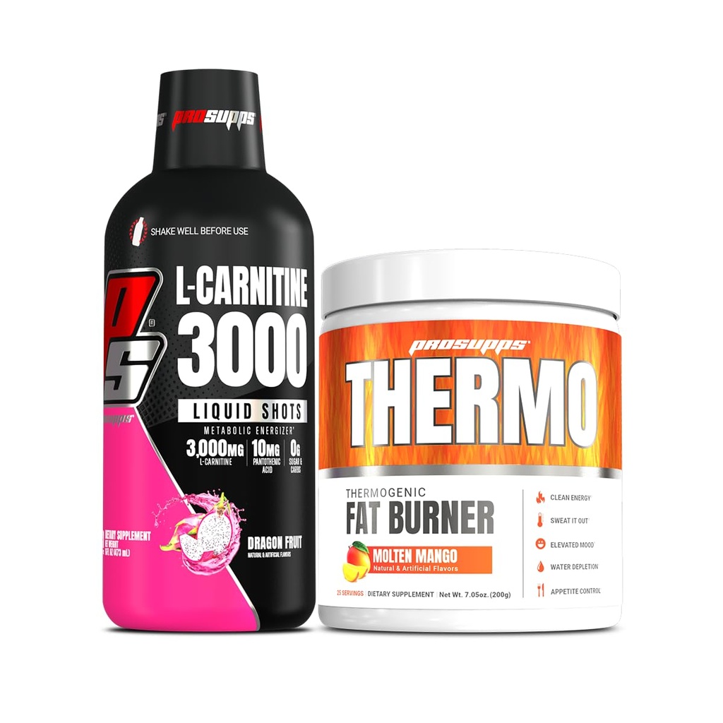 PROSUPPS L-Carnitine 3000 Stimulerende Vrije Liquid Shots (31 Servings, Dragon Fruit) en Thermo Fat Burning Thermogenic Powder (25 Servings, Molten Mango) Bundel