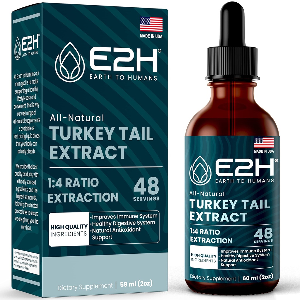 Turkey Tail Mushroom Extract - Faster Absorption Than Turkey Tail Mushroom Capsules or Powder - All-Natural Immune System & Digestive Support- Real Mushrooms Turkey Tail - 2 Fl Oz by E2H