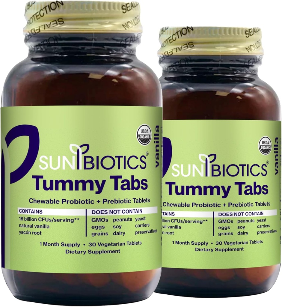 SUNBIOTICS Tummy Tabs - Kauwbare Probiotische en Prebiotische Tablets met 18 miljard CFUs van 4 Probiotische Strains voor Good Gut Flora, Immune System, & Balanced Microbiome - Vanille, (Pack of 2)