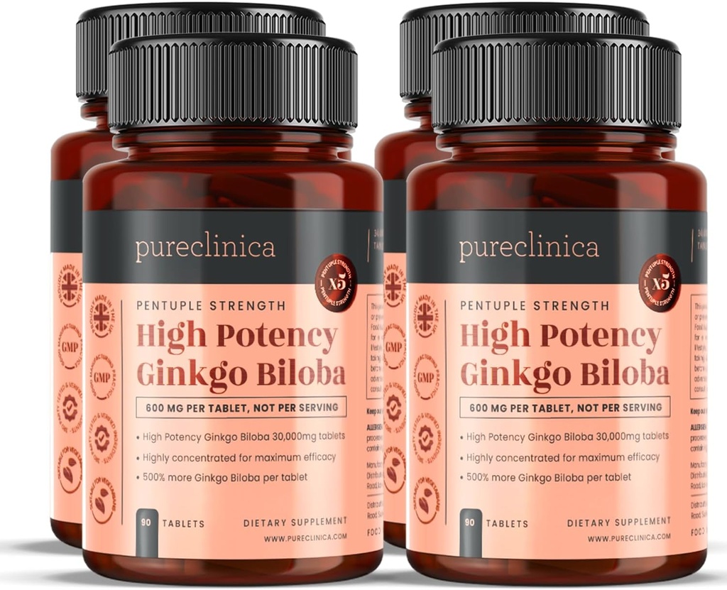 pureclinica High Potency Ginkgo Biloba 30.000 mg x 360 tabletten (4 flessen van 90) - 12 maanden levering - 5 keer De kracht van concurrentenproducten
