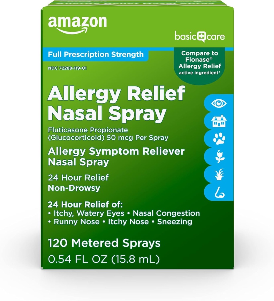 Basic Care 24-uurs Allergy Relief Nasal Spray, Fluticason Propionaat (Gcorticoïd), 50 mcg per spray, volledige prescriptie sterkte, niet-droge, 0,54 fl oz (pakket van 1)