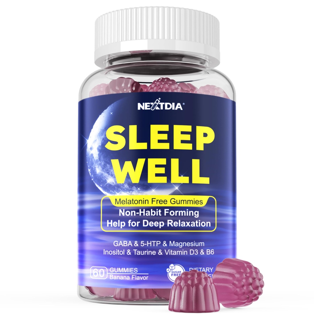 Melatonine vrije slaap Gummies, met Magnesium Glycinate, GABA, 5-HTP, L-Theanine, Valeriaan, Kamille, Citroen Balm, Vitamine D3 & B6 - Hormone & Drug-free, Non-Habit Forming, Sugar Free