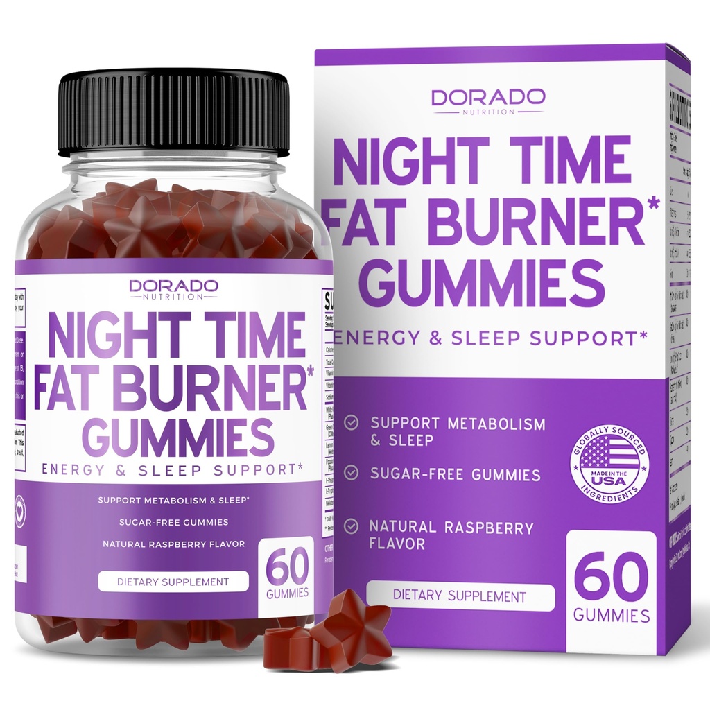 Night Time Fat Burner Gummies (60 Count) Gewichtsverlies & Metabolisme - Suikervrije - Heerlijke Raspberry Flavored Melatonine Supplement Gummies - Vegan Safe - Derde partij getest - Made in USA