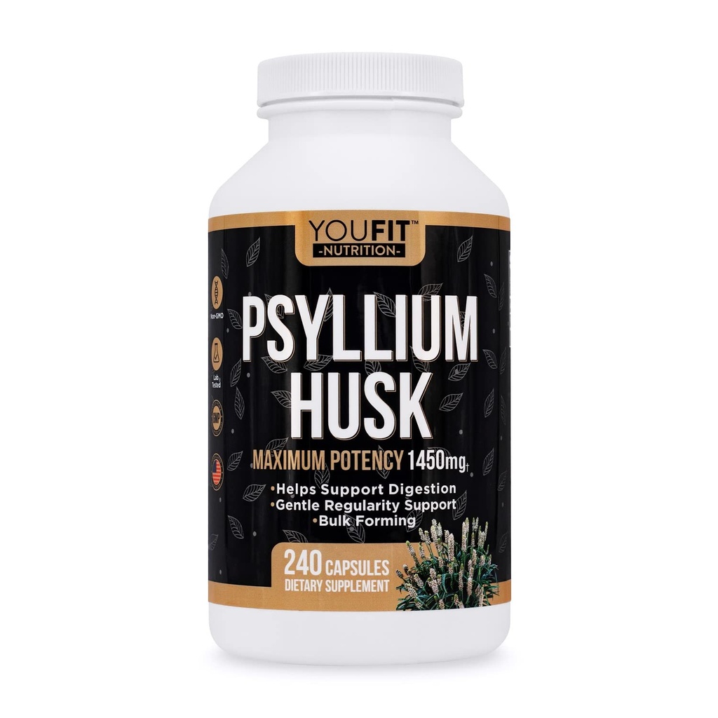 PSYLILIUM Husk Capsules - Premium Psyllium Fiber Supplement - Promoot Intestinal Health and Regularity - 100% natuurlijke oplosbare vezels 1450mg per portie - 240 capsules