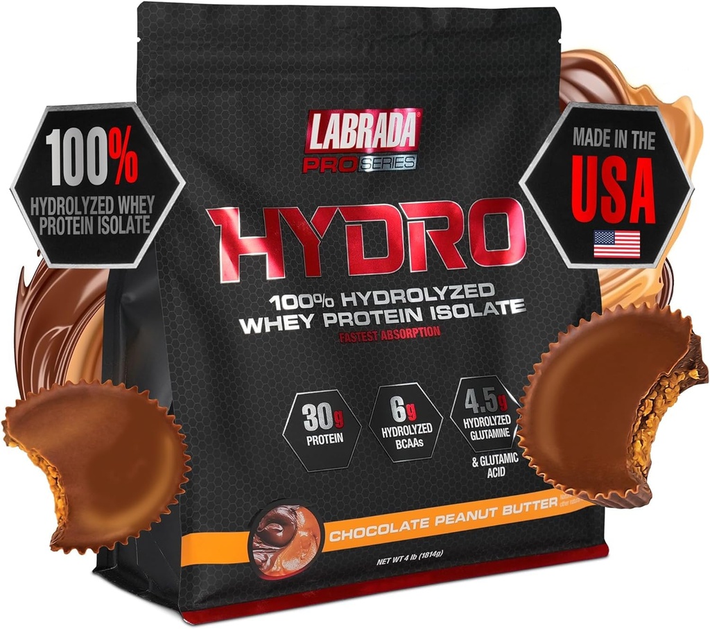 LABRADA Hydro 100% Pure Gehydrolyseerde Wei Proteine Isolaat Poeder, Lactosevrij, Glutamine, Snelste Digeting Wei Beschikbaar, Instant Mixing, Delicious Smaak 45 Servers 4lb (Peanut Butter)