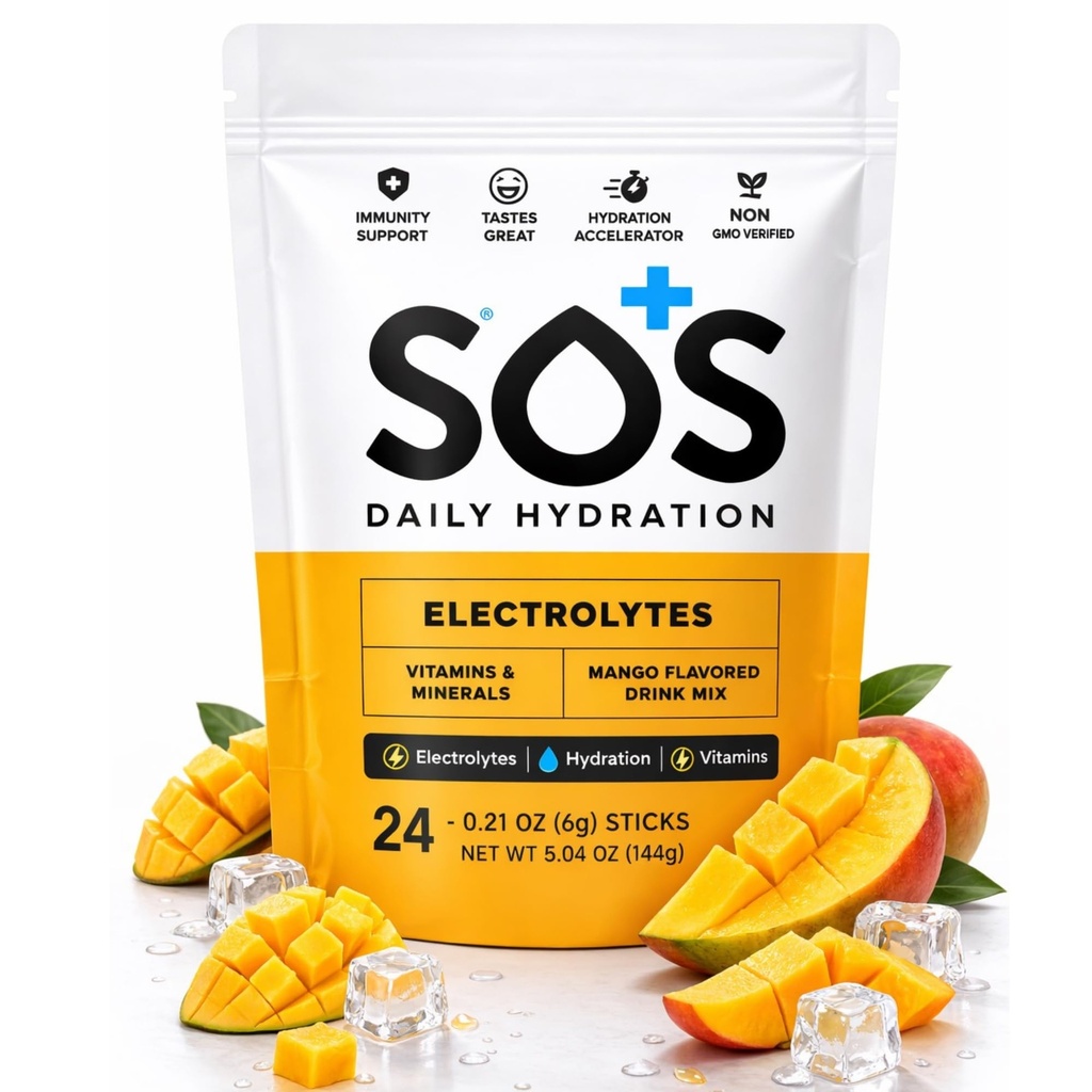 SOS Hydration Electrolyte Powder Sticks | Low Sugar Rapid Hydration | Keto Friendly (24 Servings, Mango)
