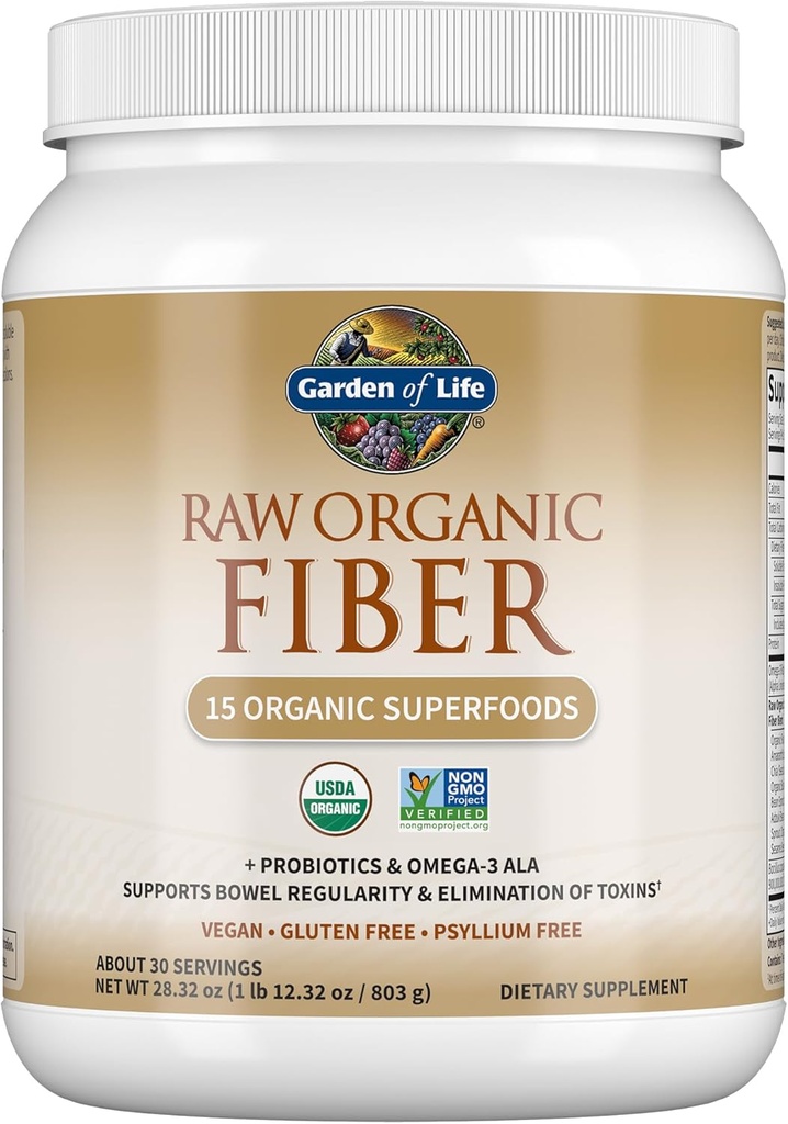 Garden of Life Raw Organic Fiber Powder, 30 Servings, 15 Organic Superfoods, Probiotics, Omega-3 ALA, 4g Soluble Fiber, 5g Insoluble for Regularity, Psyllium Husk Free