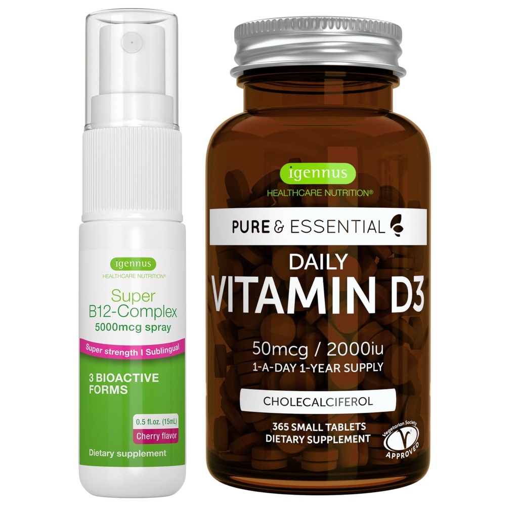 Dagelijks vitamine D3 + Super B12-complex 5000mcg Vegetarische bundel, 365 2000iu vitamine D3 tabletten + Hoge sterkte B12 Cherry Flavor Sublingual Spray, door Igennus