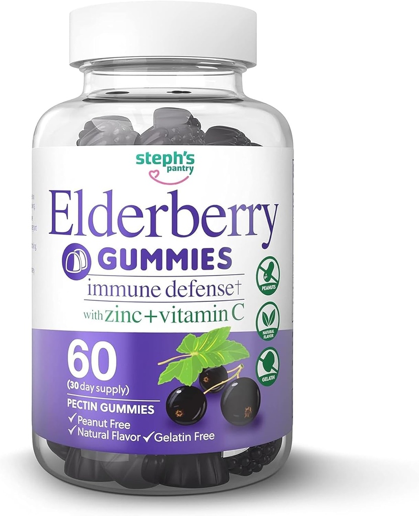Vlierbessen Gummies met vitamine C en zink - Immune Booster Vlierbessen Gummies voor volwassenen en kinderen - Vegan Natuurlijke Ingrediënten Verdediging Multivitamines met Antioxidant Ondersteuning (60 Gummies)