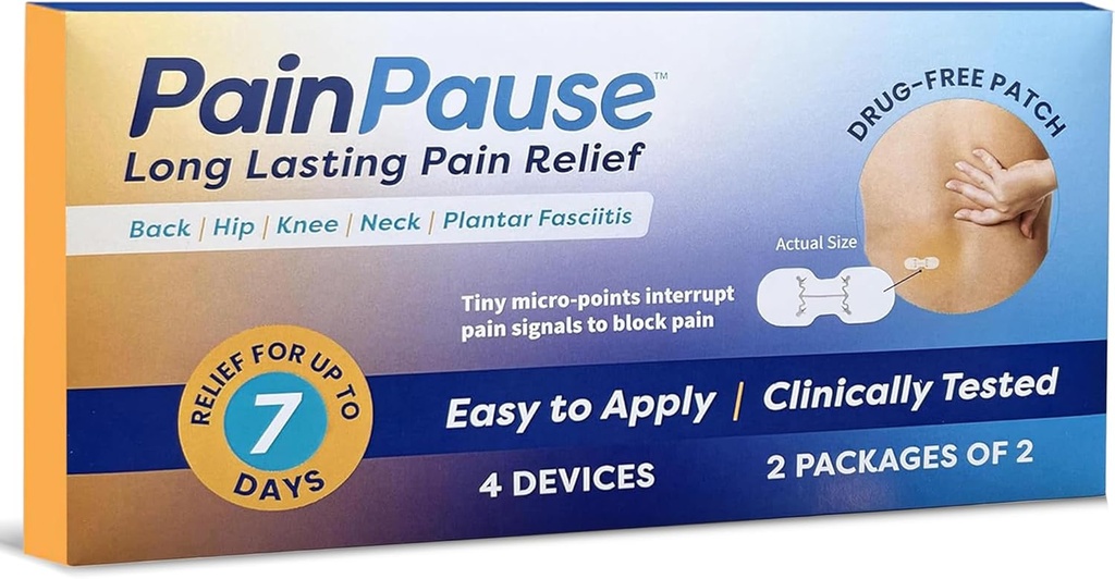 Lange aanhoudende pijn verlichting - rug, hiep, knie, nek, plantar Fasciitis, enz. - Relief voor maximaal 7 dagen, klinisch getest, 4 apparaten in 2 zakken