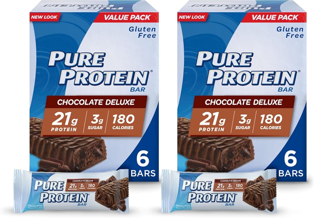 Pure proteïnerepen, hoog eiwit, voedzame snacks ter ondersteuning van energie, lage suiker, glutenvrij, chocolade Deluxe, 6 Tellen (pakket van 2)